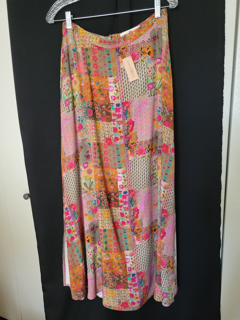 NATURAL LIFE Patchwork Floral Button-Front Maxi Skirt in Pink, Orange & Green